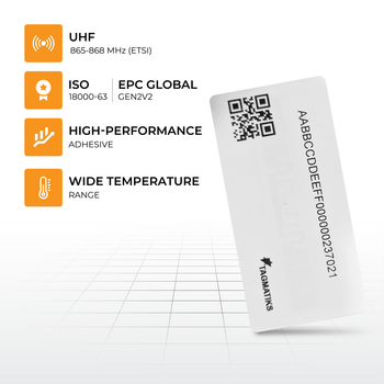 Key features of TagMatiks Kickstart RFID Label – Impinj M730 chip, ETSI 865-868 MHz compliant, pre-encoded for easy deployment