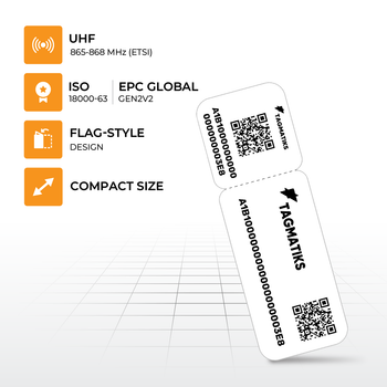 Key features of TagMatiks Flag RFID Tag Flag Post Style – Impinj M730 chip, ETSI 865-868 MHz compliant, pre-encoded for easy deployment