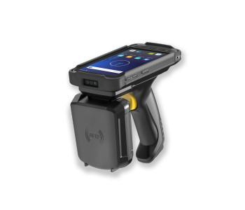 Newland MT90 with UR90 Pistol Grip UHF RFID Handheld Reader angled view