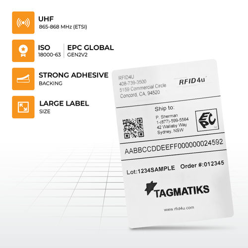 Key features of TagMatiks Kickstart RFID Label – Impinj M730 chip, ETSI 865-868 MHz compliant, pre-encoded for easy deployment