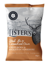 Lister’s Crisps Steak & Ale & Caramelised Onion 24 x 40g combine rich steak and ale flavour with sweet caramelised onion for a bold, pub-inspired snack. Hand-cooked with British potatoes for a premium crunch, these crisps are perfect for pubs, catering, offices, or sharing at home.
