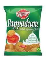 Crich green‑chilli pappadums with sweet mango chutney dip — crunchy, spicy & fruity.