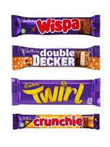 Cadbury Chocolate Bars Variety Bag – 48 mixed bars featuring Dairy Milk, Crunchie, Double Decker & Wispa. Perfect for retail, offices, and cafés.