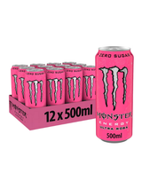 Monster Energy Ultra Rosa 12 x 500 ml — sugar-free energy drink with bright berry flavour. Zero sugar, low calorie, high caffeine. Bulk case available.