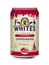 R White’s Raspberry Lemonade 24 x 330 ml — crisp sparkling lemonade with a raspberry twist. Vegan friendly, gluten free, and Halal certified.