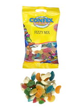 Confex Fizzy Mix – assorted tangy, fruity sweets coated in sour sugar. Gluten-free, made with natural flavours, 120 g hanging bags.