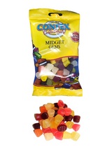Confex Midget Gems – classic chewy fruit sweets in assorted colours & flavours. Gluten-free, made with natural ingredients, 140 g hanging bags.