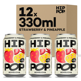 Hip Pop Strawberry & Pineapple Kombucha – craft-brewed sparkling tea with live cultures and real fruit flavour. Low sugar, vegan & gut-friendly in recyclable 330 ml cans.
