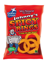 Johnny’s Spicy Rings – crunchy, chilli-flavoured maize snacks with a fiery kick. Vegetarian-friendly 50 g snack bags. Johnny’s Spicy Rings – crunchy, chilli-flavoured maize snacks with a fiery kick. Vegetarian-friendly 50 g snack bags.