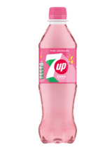 7UP Pink Lemonade Zero Sugar Bottles 24 × 500 ml — zesty lemon-lime with a sweet berry twist. Zero sugar, low calorie and full of sparkling refreshment.