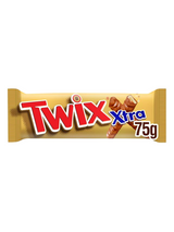 Twix Xtra – extra-long twin bars with biscuit, caramel & milk chocolate. Vegetarian-friendly 75 g bars for sharing or snacking.