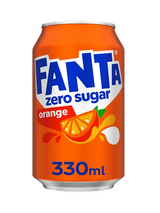 Fanta Orange Zero Cans 24 × 330 ml — sparkling orange drink made with real fruit juice and zero sugar. Bright, fizzy, and refreshingly light.