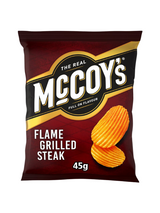 Bold flame‑grilled steak seasoning on ridged potato crisps — smoky, savoury, intense flavour.