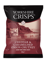 Hand‑cooked crisps with aged cheddar and sweet onion chutney flavour — savoury, tangy, and full of character.