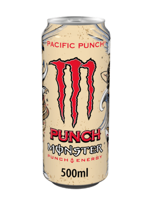 Monster Energy Pacific Punch 12 x 500 ml — fruity punch-inspired energy drink with real juice. High caffeine, taurine, ginseng & B-vitamins. Bulk case available.