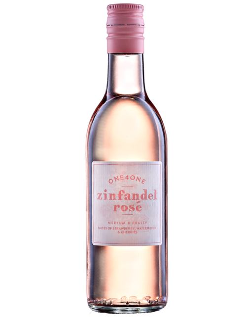 One 4 One California Zinfandel Rosé – 187 ml mini wine. Sweet, fruity rosé with strawberry and watermelon notes. Ideal for events, hampers, and single-serve drinking.
