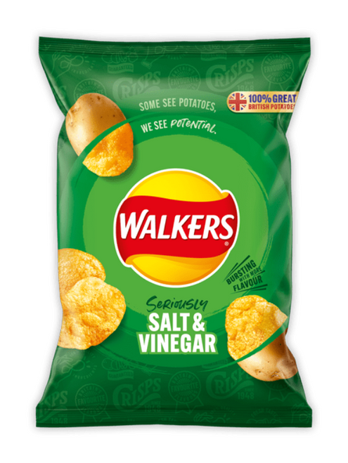 Classic salt & vinegar potato crisps — tangy, crunchy, made with British potatoes.
