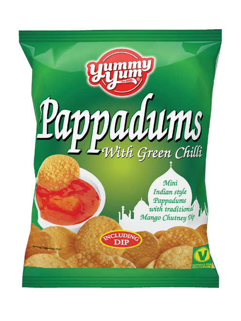 Crich green‑chilli pappadums with sweet mango chutney dip — crunchy, spicy & fruity.