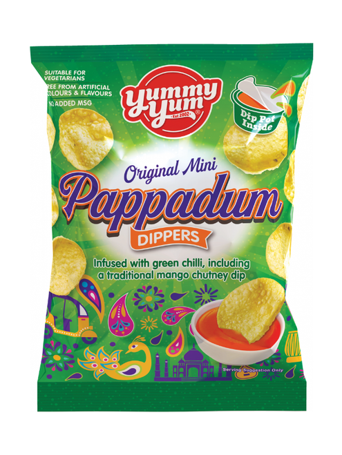 Yummy Yum Pappadums (Poppadoms) with Green Chilli & Mango Dip - 12 x 90g
