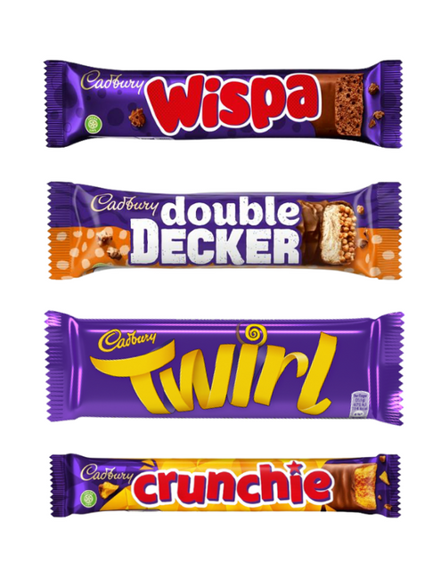 Cadbury Chocolate Bars Variety Bag x 48 (Wispa x 12, Double Decker x 12, Twirl x 12, Crunchie x 12)