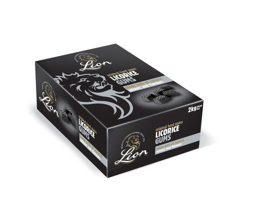 Lion Liquorice Gums 2 kg Box — firm chewy sweets with a rich liquorice flavour. Bulk format, ideal for resale, pick ’n’ mix, or stocking up.