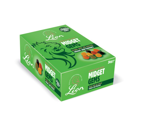 Lion Midget Gems Sweets 2 kg Box — firm chewy fruity sweets made to the traditional recipe. Bulk format, ideal for resale, pick ’n’ mix, or stocking up.
