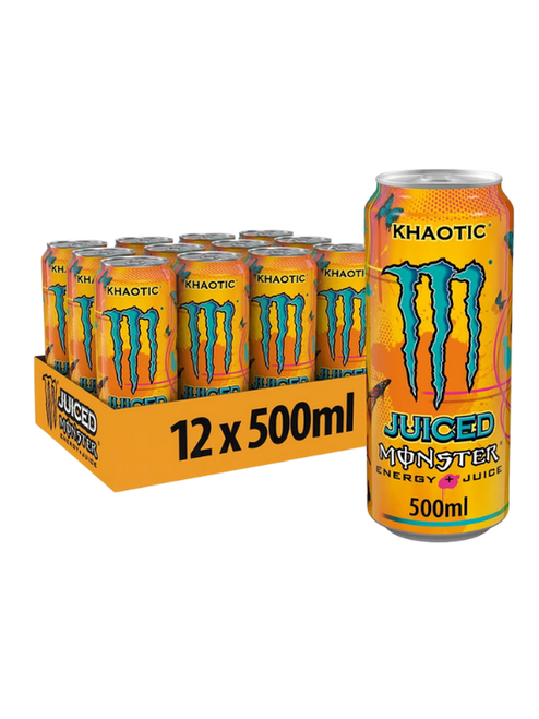Monster Energy Khaotic 12 x 500 ml — fruit punch-inspired energy drink with real juice. High caffeine, taurine, ginseng & B-vitamins. Bulk case in stock.
