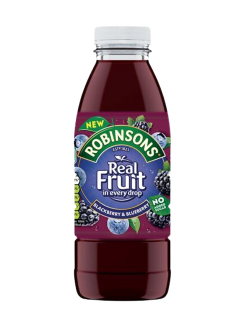 Robinsons Real Fruit Blackberry & Blueberry – fruity blend made with real juice and no added sugar. Low calorie, vegan & recyclable 500 ml bottles.