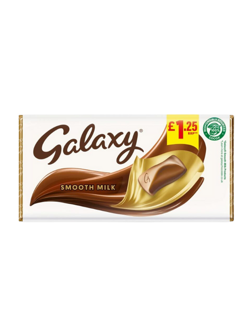 Galaxy Smooth Milk Chocolate Sharing Bar (Price Marked) 24 x 100 g — creamy Galaxy milk chocolate in sharing format. Bulk case, ideal for resale or stocking.