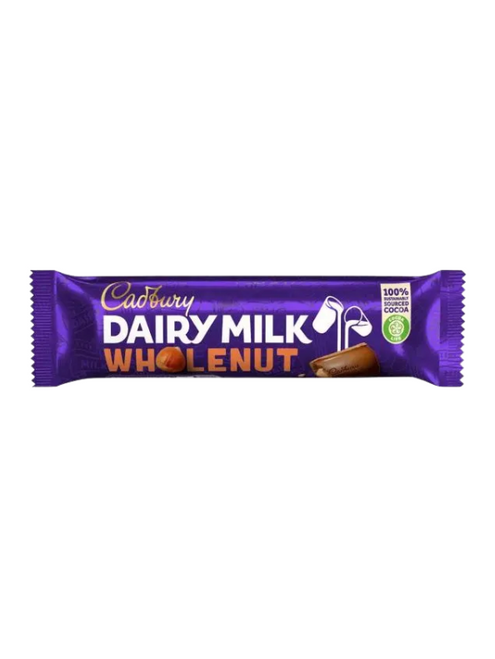 Cadbury Dairy Milk Wholenut – creamy milk chocolate with whole roasted hazelnuts. 48 × 45 g bars, vegetarian-friendly, perfect for retail and impulse sales.