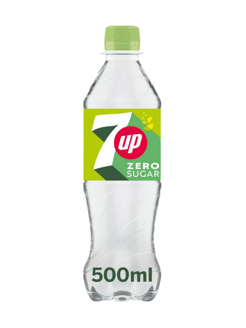7UP Zero Sugar Plastic Bottles 24 × 500 ml — crisp lemon-lime flavour with zero sugar. Refreshing, low-calorie sparkling drink made with natural flavours.