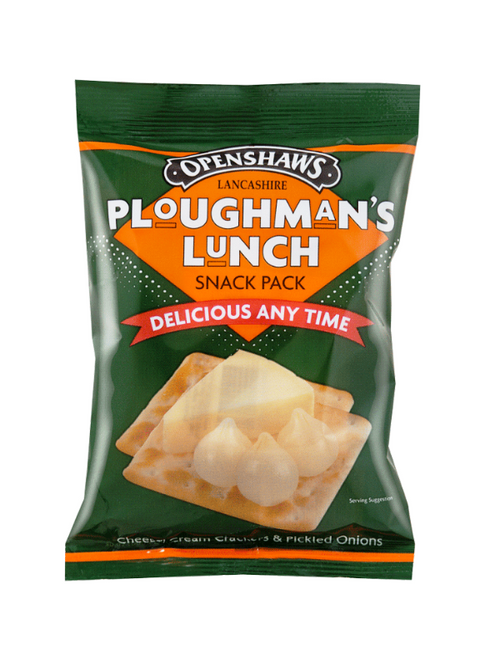 Cream crackers, cheese triangle & tangy pickled onions — classic Ploughman’s Lunch in a snack pack format.