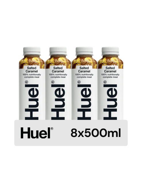 Huel Ready-to-Drink Salted Caramel (8 x 500 ml) — vegan, nutritionally complete shake with 20 g protein, fibre, and 26 vitamins & minerals. Sweet and salty caramel flavour.