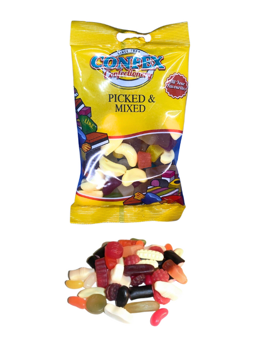 Confex Picked & Mixed – classic pick ‘n’ mix sweets in a colourful assortment of fruity, fizzy & chewy favourites. Gluten-free 125 g hanging bags.