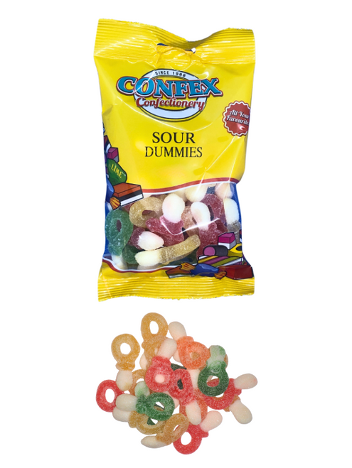Confex Sour Dummies – tangy, fruity jelly sweets coated in sour sugar. Gluten-free & made with natural flavourings, 120 g hanging bags.