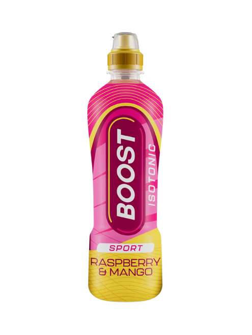 Boost Sport Raspberry & Mango 12 x 500 ml — isotonic hydration drink with tropical fruit flavour. Replenishes electrolytes and energy.