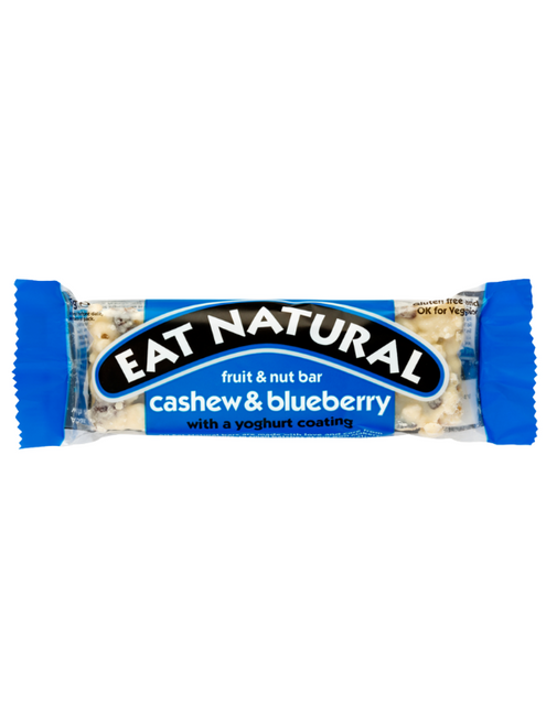 Eat Natural Cashew, Blueberry & Yoghurt Bars 12 x 45 g — cashews, blueberries, almonds & crisped rice with a creamy yoghurt coating. Gluten-free, vegetarian snack in bulk case.