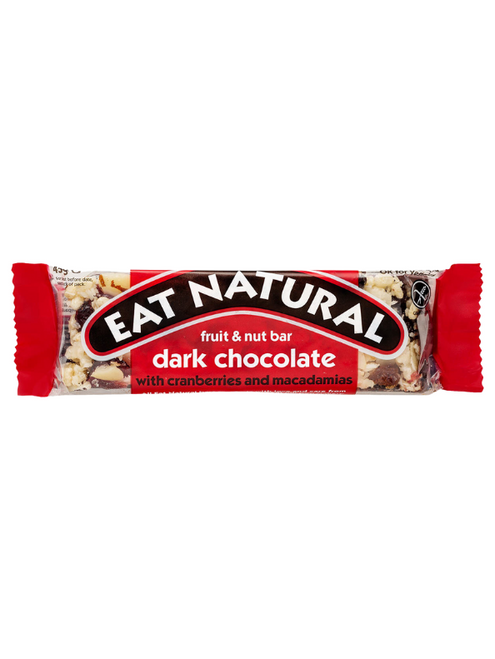 Eat Natural Dark Chocolate, Cranberries & Macadamias Bars 12 x 45 g — cranberries, macadamias, almonds & dark chocolate drizzle. Gluten-free nut & fruit snack in bulk case.