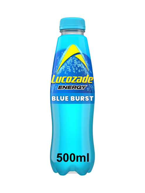 Lucozade Energy Blue Burst Bottles 12 × 500 ml — fruity mixed berry energy drink with glucose and caffeine for instant lift. Bright, refreshing, and energising