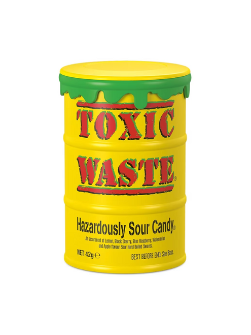 Toxic Waste Hazardously Sour Candy Yellow Drums 12 x 42 g — the original extreme sour candy with five fruity flavours. Bulk case, ideal for resale or stocking up.