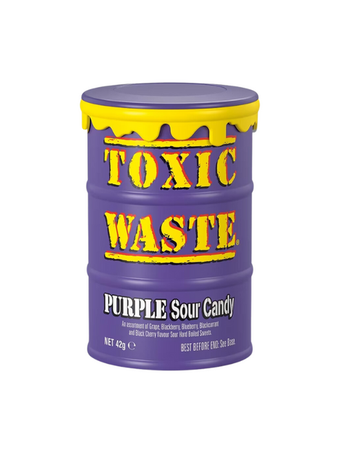 Toxic Waste Purple Sour Candy Drums 12 x 42 g — extreme sour sweets in fruity purple flavours. Iconic drum packaging, bulk case for resale or stocking up.