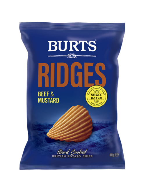 Burts Ridges Beef & Mustard Crisps 20 x 40g CLEARANCE STOCK DATED 11.09.25 Burts Ridges Beef & Mustard Crisps 20 x 40g CLEARANCE STOCK DATED 11.09.25