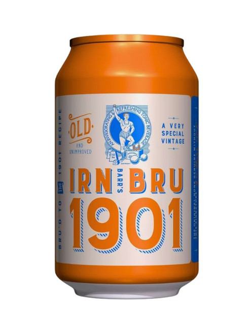 IRN-BRU 1901 – classic vintage recipe made with real sugar and no sweeteners. The original Scottish sparkling drink in recyclable 330 ml cans.