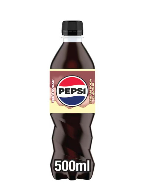 Pepsi Cream Soda Bottles 12 × 500 ml — smooth, creamy vanilla cola with rich caramel notes. Sweet, fizzy and refreshingly indulgent.