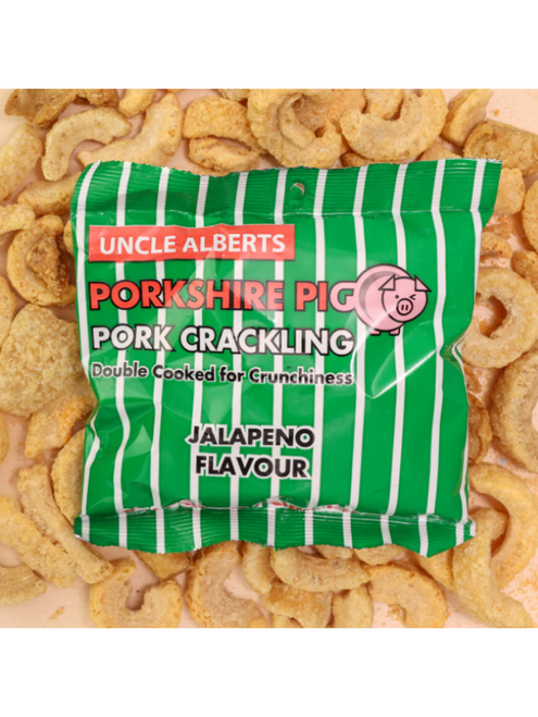 Uncle Albert’s Jalapeño Pork Cracklings 12 x 40g deliver smoky, crunchy pork rind with a bold, spicy jalapeño kick. Perfect for pubs, parties, offices, or sharing at home.
