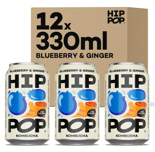Hip Pop Blueberry & Ginger Kombucha – craft-brewed sparkling tea with real blueberry sweetness and ginger warmth. Low sugar, vegan & gut-friendly in recyclable 330 ml cans.