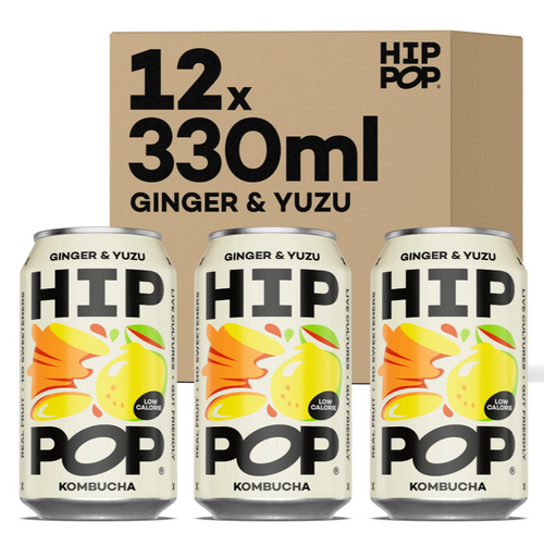 Hip Pop Ginger & Yuzu Kombucha – craft-brewed sparkling tea with ginger heat and yuzu citrus. Live cultures, low sugar, vegan & gut-friendly in recyclable 330 ml cans.