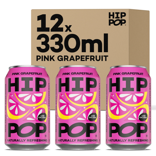 Hip Pop Pink Grapefruit – sparkling living soda with real grapefruit flavour, live cultures & plant fibre. Low sugar, vegan & gut-friendly in recyclable 330 ml cans.