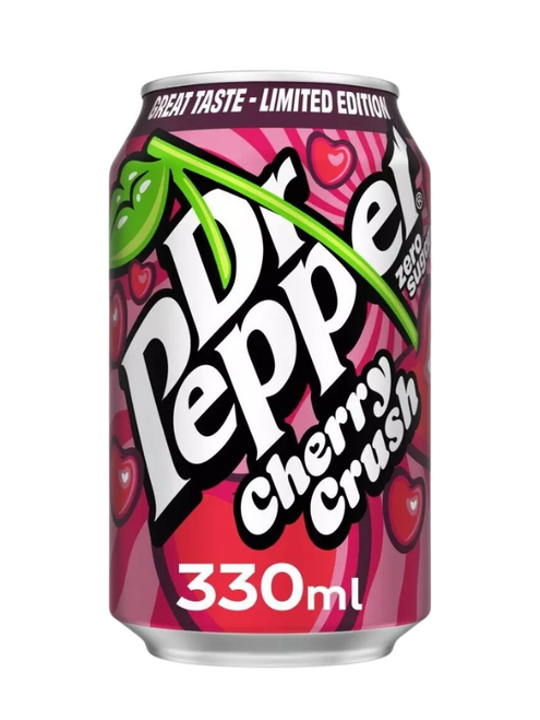 Dr Pepper Zero Cherry Crush – classic Dr Pepper flavour with a bold cherry twist and zero sugar. Gluten-free, vegetarian & recyclable 330 ml cans.