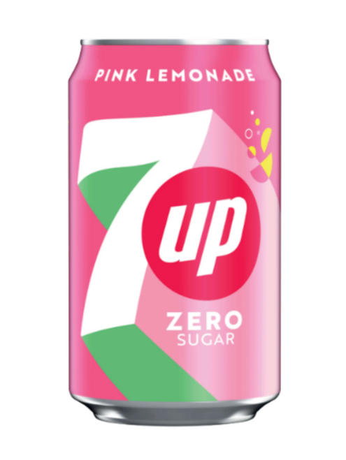 7UP Pink Lemonade Zero Sugar Cans 24 × 330 ml — zesty lemon-lime with a sweet berry twist. Zero sugar, low calorie, and bursting with refreshing fizz.